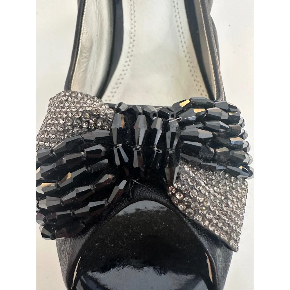 DeSire Paris Women's Black Beaded Rhinestone Bow Peep Toe Wedge Pumps Size 7
